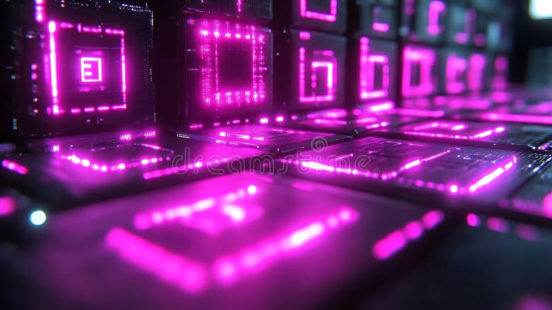 Abstract Pink Neon Glowing Microchip Array stock illustration