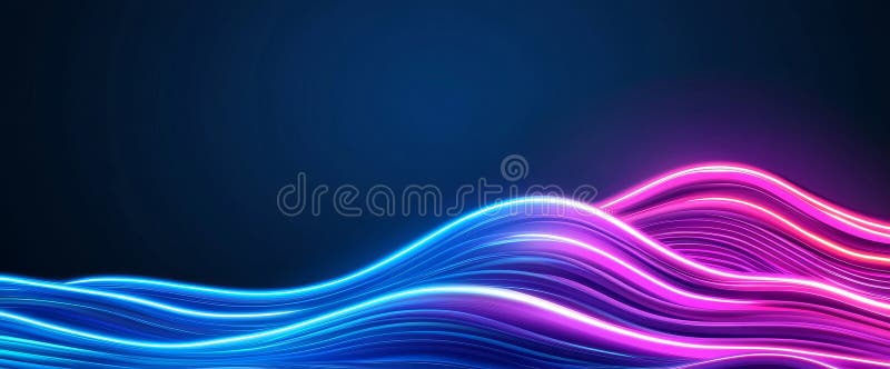 An abstract pink neon light wave glows. Curves of blue and purple flow with a blur. A 3D wavy stripe pulses with dynamic royalty free stock image