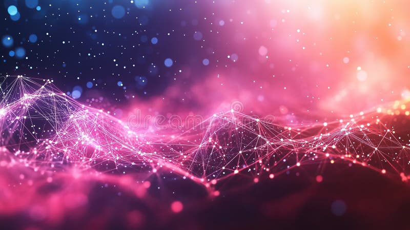 Abstract pink and purple background representing a digital network connecting data through nodes stock illustration