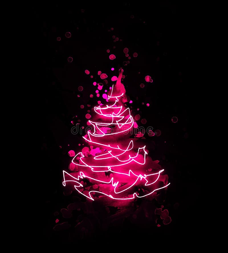 Abstract pink red christmas tree made from watercolor brush stroke and drawing of a string of lights as a luminous line on black stock illustration Abstract pink red christmas tree made from watercolor brush stroke and drawing of a string of lights as a luminous line on black stock illustration