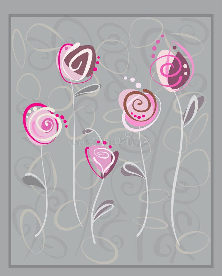 Abstract pink roses postcard on gray background