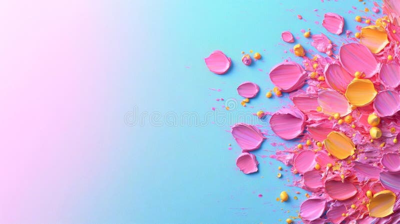Abstract Pink and Yellow Paint Swirls with Drips on Blue Background. Generative AI stock illustration