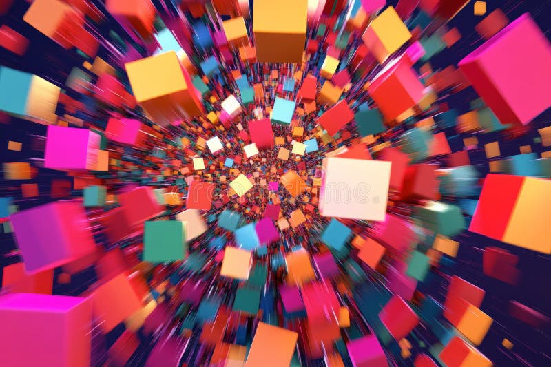 Abstract pixel explosion texture, dynamic burst of colorful squares, chaotic and energetic, modern stock image