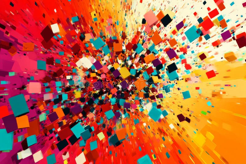 Abstract pixel explosion texture, dynamic burst of colorful squares, chaotic and energetic, modern stock image