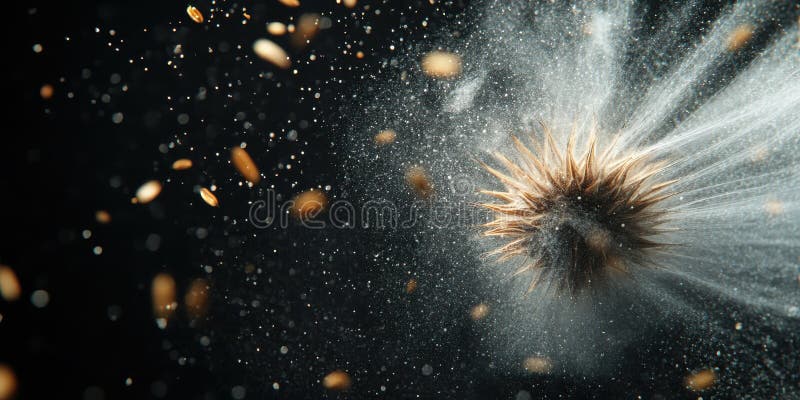 Abstract Plant Seed Explosion Brown Gold Dust Dramatic Nature Art Flow Dark Grey Image Photo Macro. Generativ AI