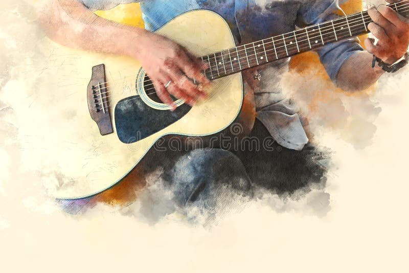 Abstract playing acoustic guitar watercolor painting background.