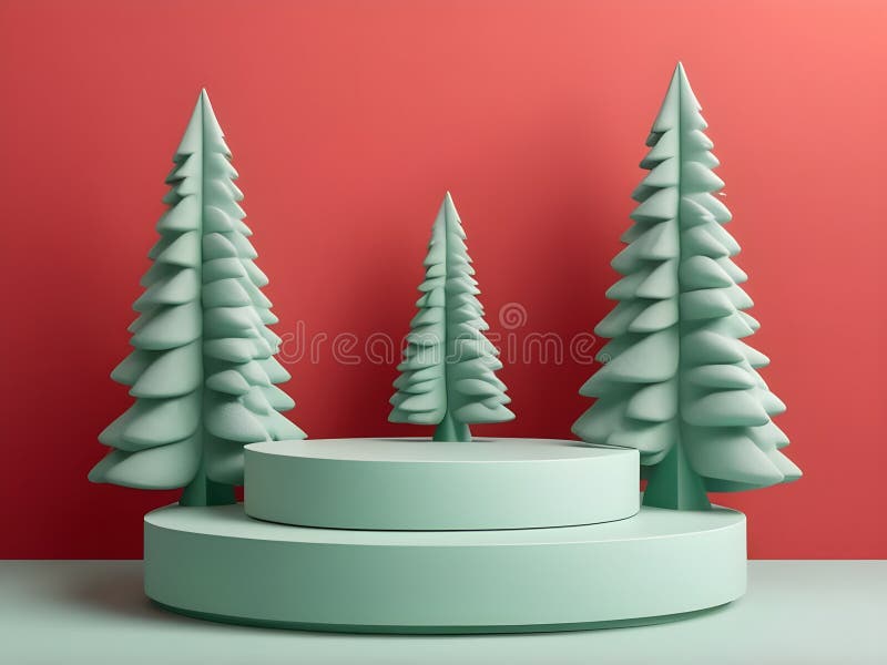 Abstract Podium minimal shape for show product display. Winter christmas red pastel background with tree xmas and festive royalty free illustration