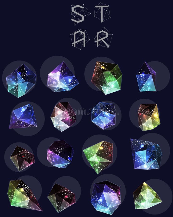 Abstract polygonal cosmic crystal and label. 