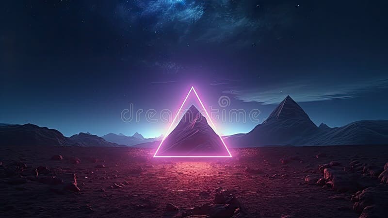 Abstract portal stone gate with neon glowing light in the dark space landscape of cosmic, rocky mountain stone field, spectrum