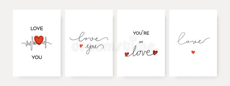 Abstract Valentine`s Day postcards. Love heart shapes lettering greeting card set isolated on white. Vector minimalist illustratio