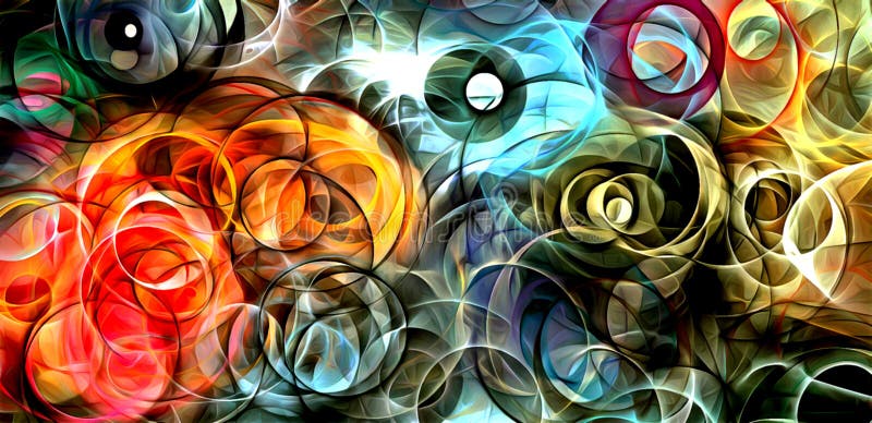 Abstract psychedelic background colored fractal hotspots arranged circles and spirals of different sizes Digital graphic design