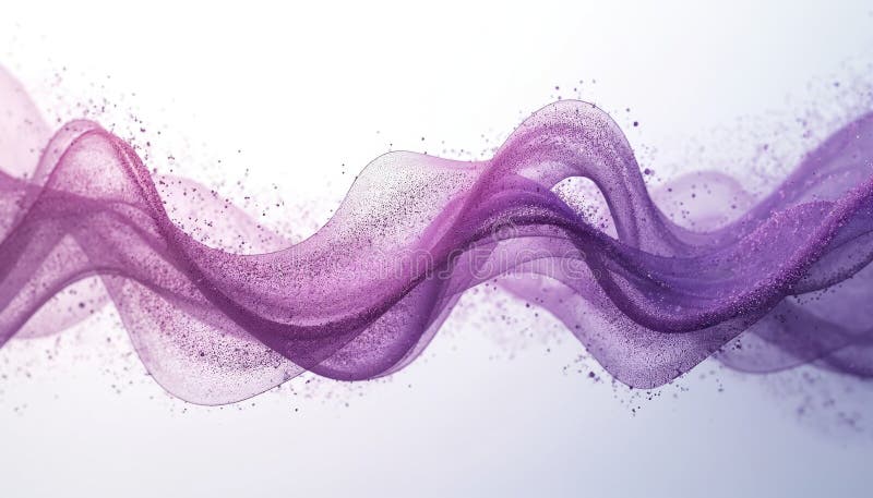 Abstract purple wave of countless particles conveys motion, fluidity on white backdrop. Flowing dynamism, connectivity, clean stock image