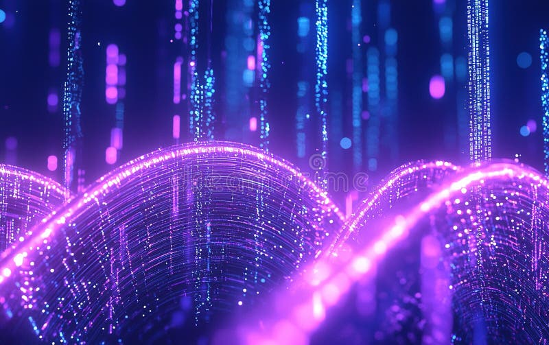 Abstract purple waves with glowing particles and digital patterns in a dark background create a futuristic royalty free illustration