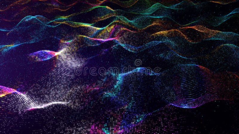 Abstract rainbow color digital particles wave and dust background vector illustration