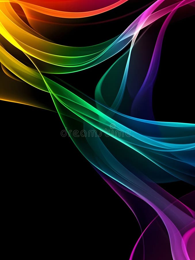 Abstract rainbow colored waves flowing across a black background providing a dynamic composition stock illustration