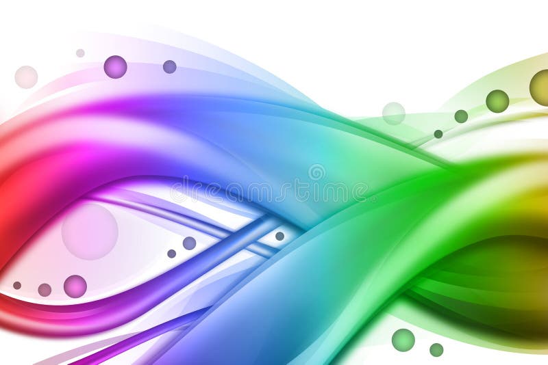 A bright rainbow abstract background for business or technology. Has two large wave swirls with 3 smaller ones in the background. They are flowing and have light and shadows with circles flowing along them. A bright rainbow abstract background for business or technology. Has two large wave swirls with 3 smaller ones in the background. They are flowing and have light and shadows with circles flowing along them.