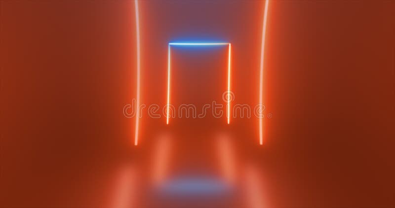 Abstract rectangular tunnel neon orange energy glowing from lines stock illustration