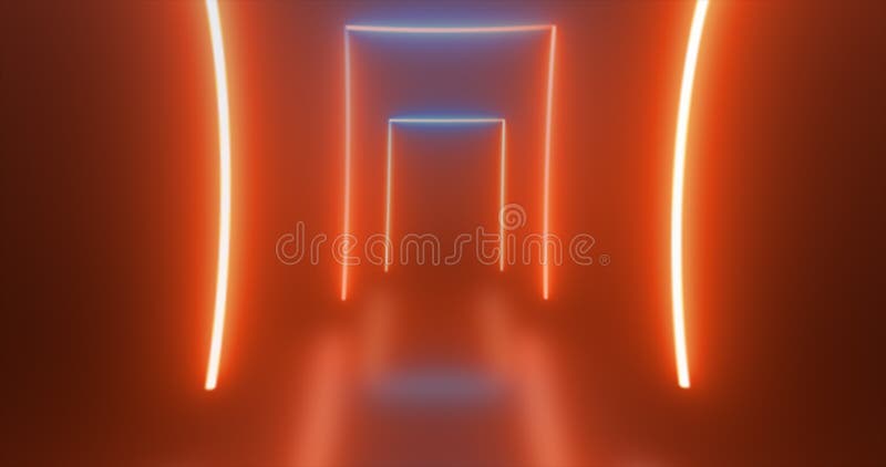 Abstract rectangular tunnel neon orange energy glowing from lines stock illustration