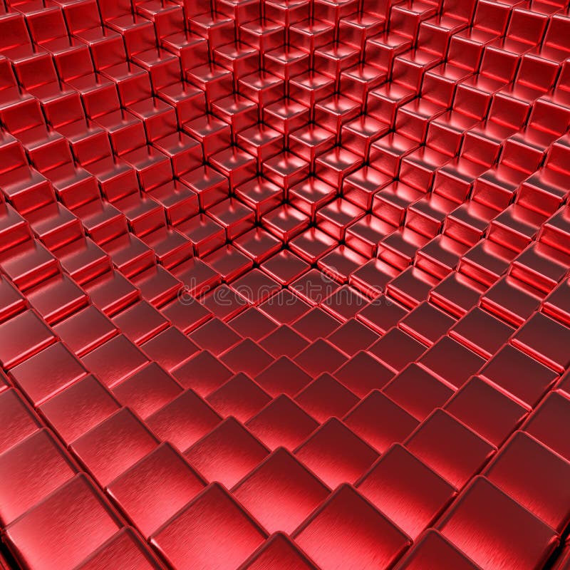 Abstract red brushed metallic cubes 3D background. 3D rendering of split-level blocks.