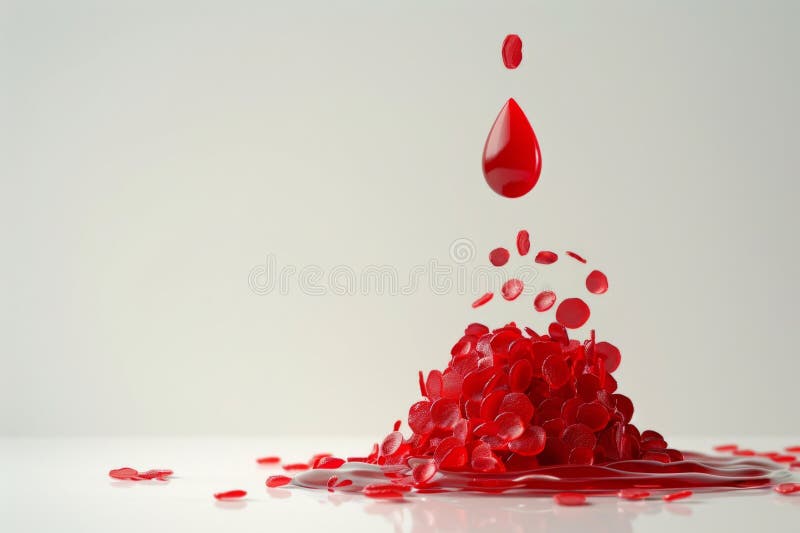 Abstract red droplets and pieces on white background. Conceptual image of fluidity and form. Minimalistic and modern art