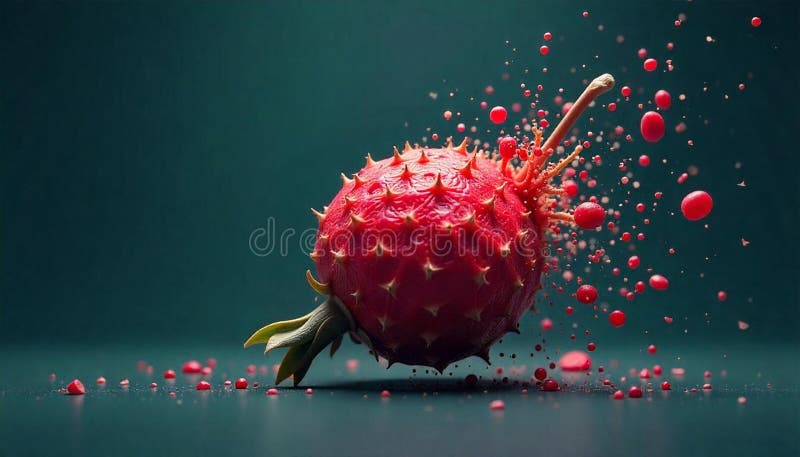 Abstract Red Fruit with Spikes and Floating Red Drops stock illustration