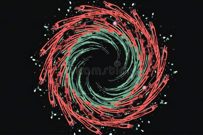 Abstract red and green spiral pattern with splattered paint effect stock illustration
