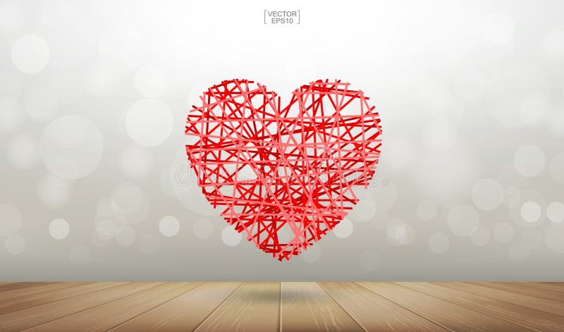 Abstract red heart floating over wooden texture background with light blurred bokeh. Vector