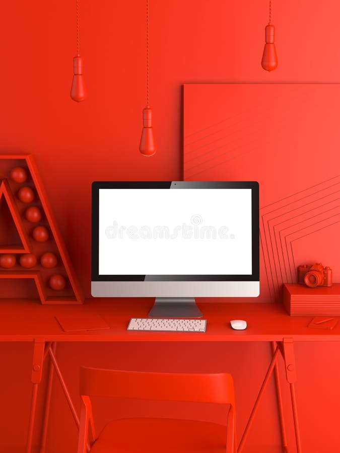 Abstract red modern workspace. 3d rendering stock image