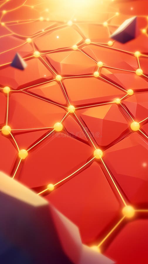 Abstract red polygonal surface with connecting golden lines and glowing dots stock illustration