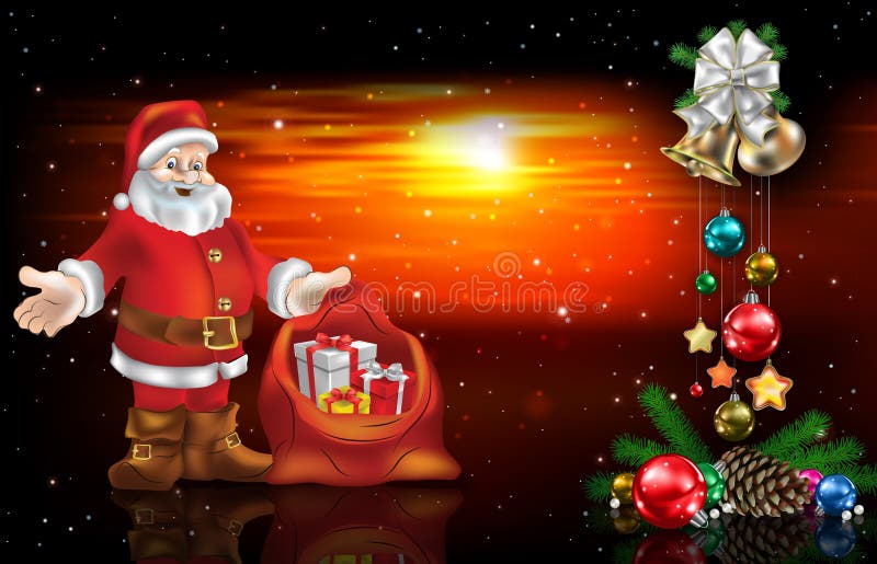 Abstract sunset background with Christmas decorations and Santa Claus