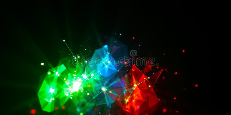 Abstract rendering of colorful geometric shapes with glowing particles on a dark background royalty free illustration