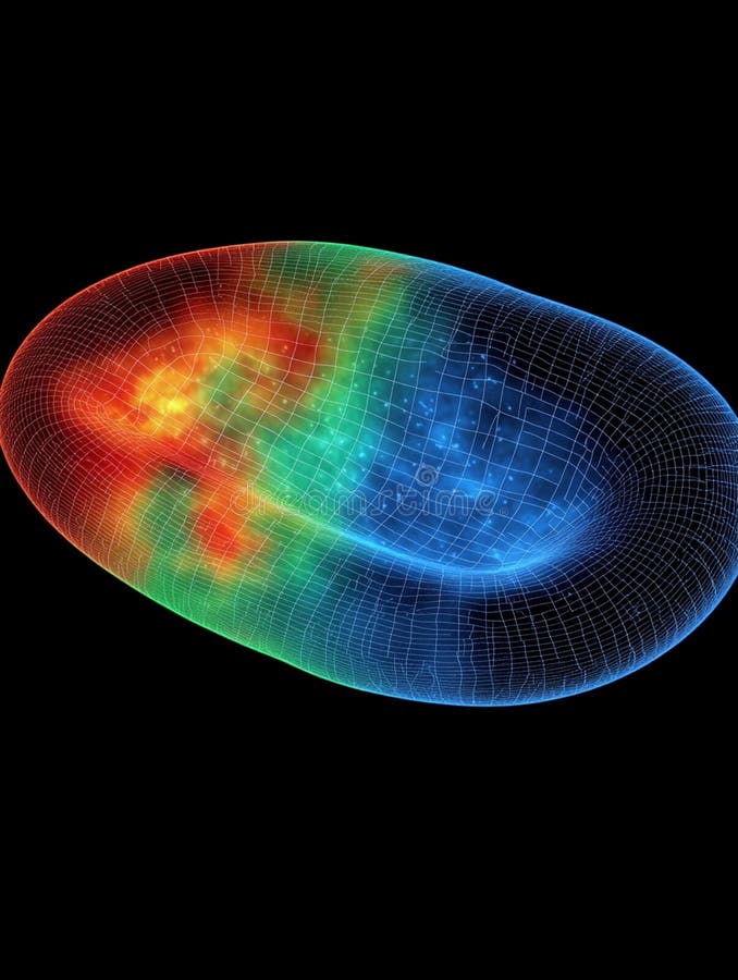 Abstract rendering of a colorful torus with a grid overlay against a black background space stock illustration