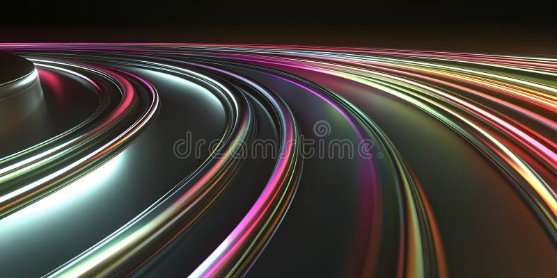 Abstract rendering of curved lines with vibrant colors on a dark reflective surface background vector illustration