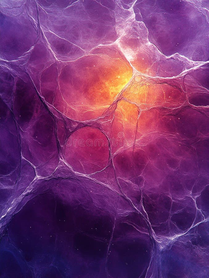 Abstract rendering of a nebula with purple and orange hues and a network of white lines spanning it vector illustration