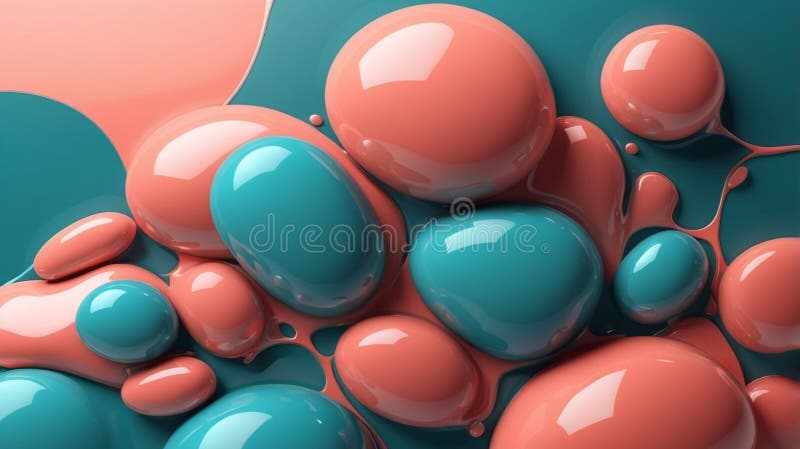 Abstract rendering of peach and teal glossy spheres and blobs on a teal background surface royalty free illustration