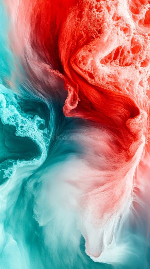 Abstract rendering of red and turquoise swirling textures with porous formations stock illustration