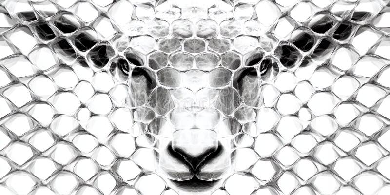 Abstract rendering of a sheeps face overlaid with a geometric honeycomb pattern in grayscale stock illustration