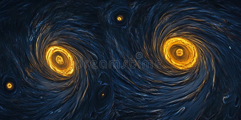 Abstract rendering showing swirling dark blue textures with glowing golden spirals vector illustration