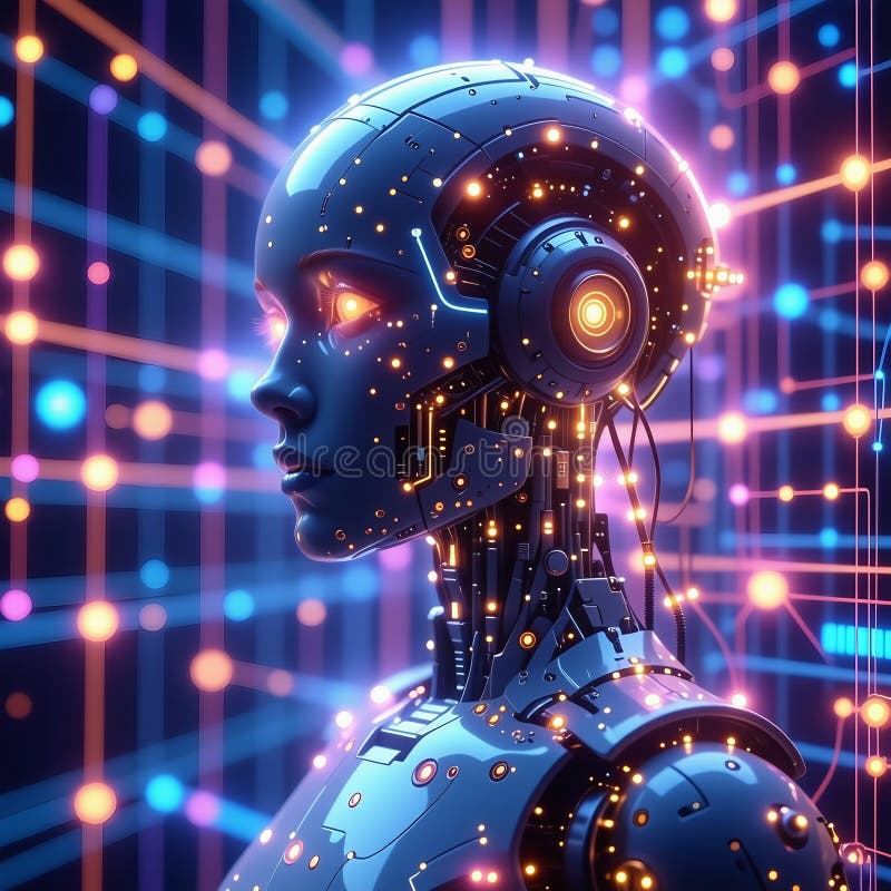 An abstract representation of AI featuring a humanoid robot. AI-generated image. vector illustration
