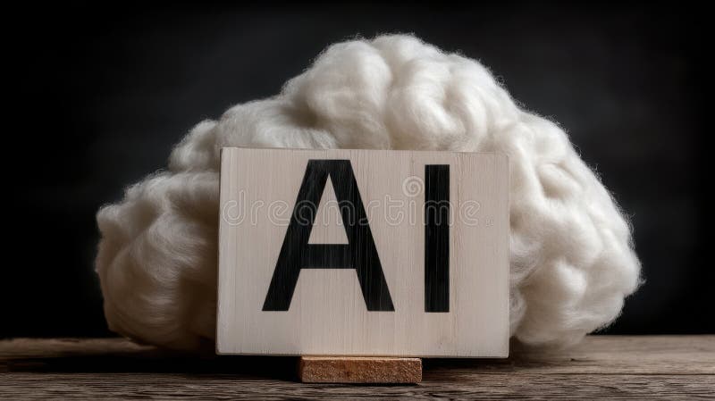 Abstract Representation of Artificial Intelligence with Brain Clouds and Wooden Sign in Dark Background stock illustration