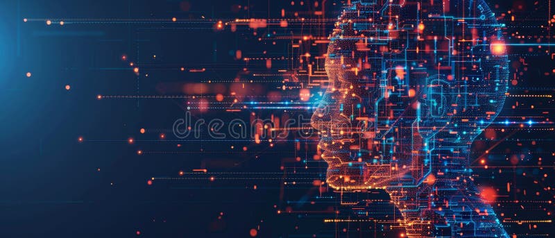 Abstract representation of artificial intelligence and technology with a digital human head formed by interconnected data points stock illustration