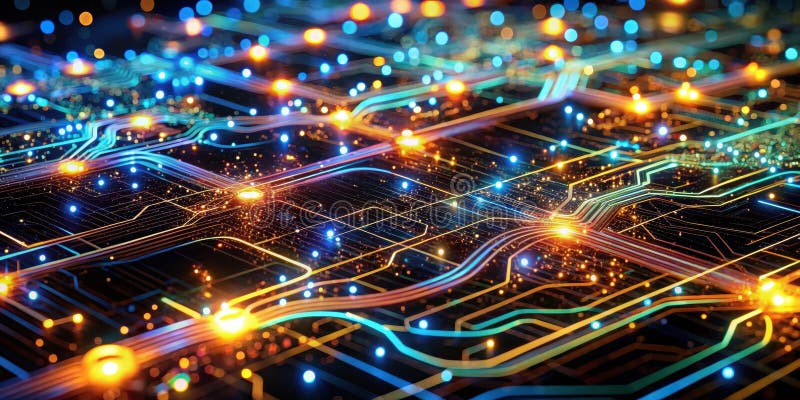 Abstract representation of a complex network system with illuminated pathways. Generative AI vector illustration
