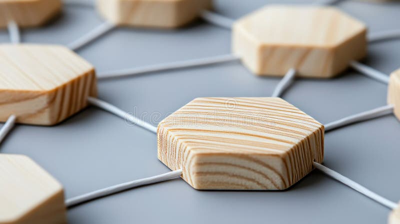 An abstract representation of a connected network features geometric wooden hexagons linked by black lines on a royalty free stock image