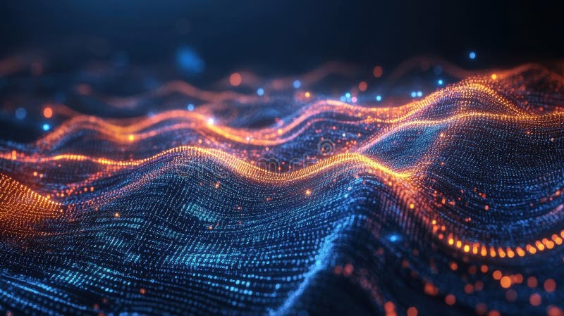Abstract representation of data waves with glowing particles in a digital environment vector illustration