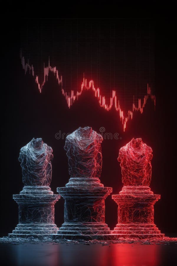 Abstract artwork featuring three classical busts styled with wireframe designs against a background showing a red downward graph, symbolizing the mix of art and finance, or decline. The striking red and blue colors complement the geometrical structure of the busts, creating a contemporary aesthetic. Abstract classical stock images, royalty-free photos and pictures