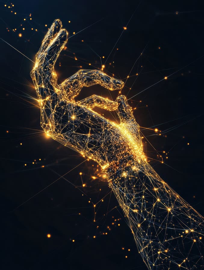 An abstract representation features a prosthetic arm glowing with neural signals, highlighting advances in brain stock image