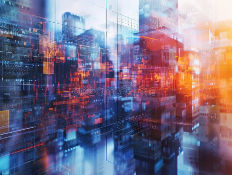 Abstract representation of a futuristic cityscape, blending digital data overlays with urban architecture, creating a stock photography