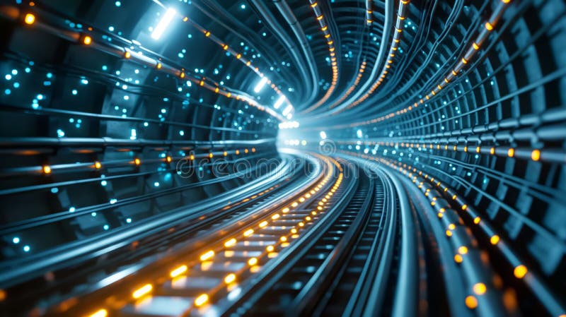 An abstract representation of a futuristic tunnel, featuring glowing blue and stock photography