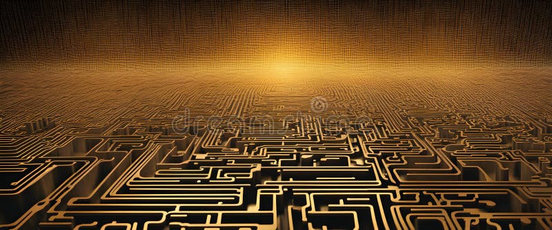 An abstract representation of interconnected circuit boards and data streams flowing seamlessly through a digital maze,. Abstract digital landscape with interconnected circuit-like patterns, featuring intricate paths and lines extending towards a glowing horizon. Dominated by warm golden and black tones, the design evokes a sense of depth and complexity. The composition suggests a metaphorical digital maze, with symmetrical geometric patterns forming an expansive, seamless flow resembling data streams. The golden light at the horizon adds a futuristic, high-tech atmosphere.