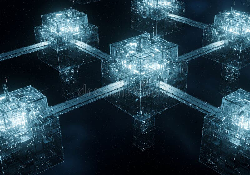 Abstract representation of interconnected glass cubes floating in space, resembling stock illustration